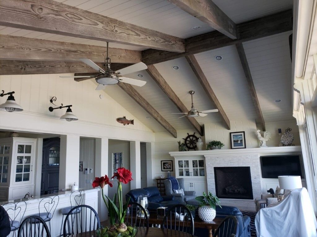 Finished ceiling with stained beams